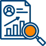 Document with user profile, ascending bar chart and magnifying glass for skills and needs assessment.